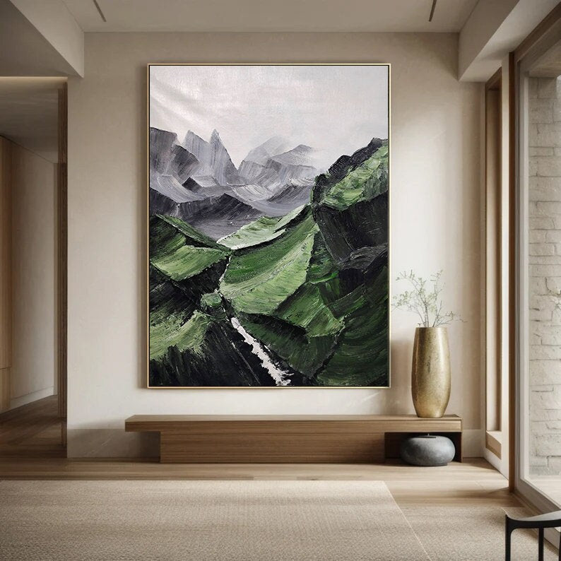 Green Mountain Abstract Painting – Minimalist Landscape Art – Landscape Canvas Art