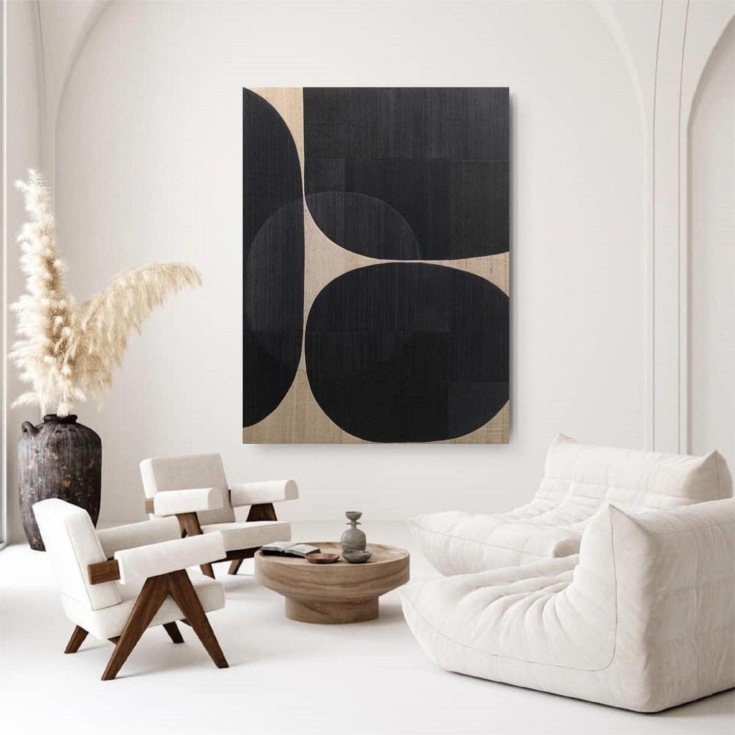 Black Abstract Painting on Canvas – Minimalist Wabi-Sabi Wall Art