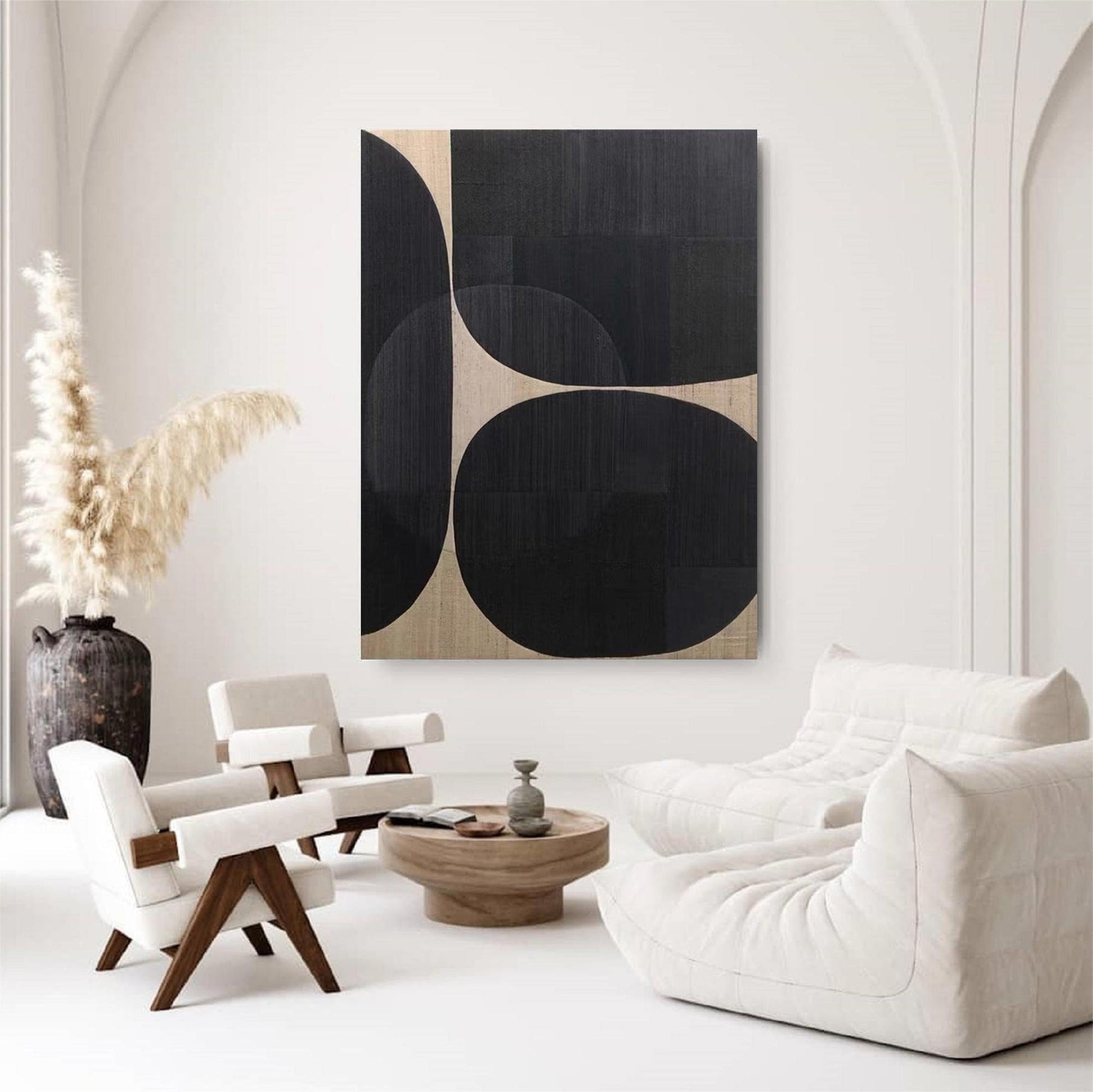Black Abstract Painting on Canvas – Minimalist Wabi-Sabi Wall Art