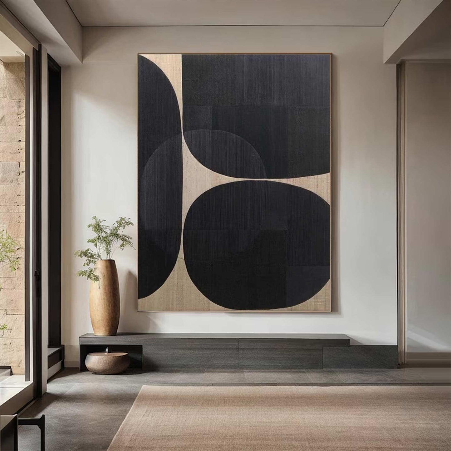 Black Abstract Painting on Canvas – Minimalist Wabi-Sabi Wall Art