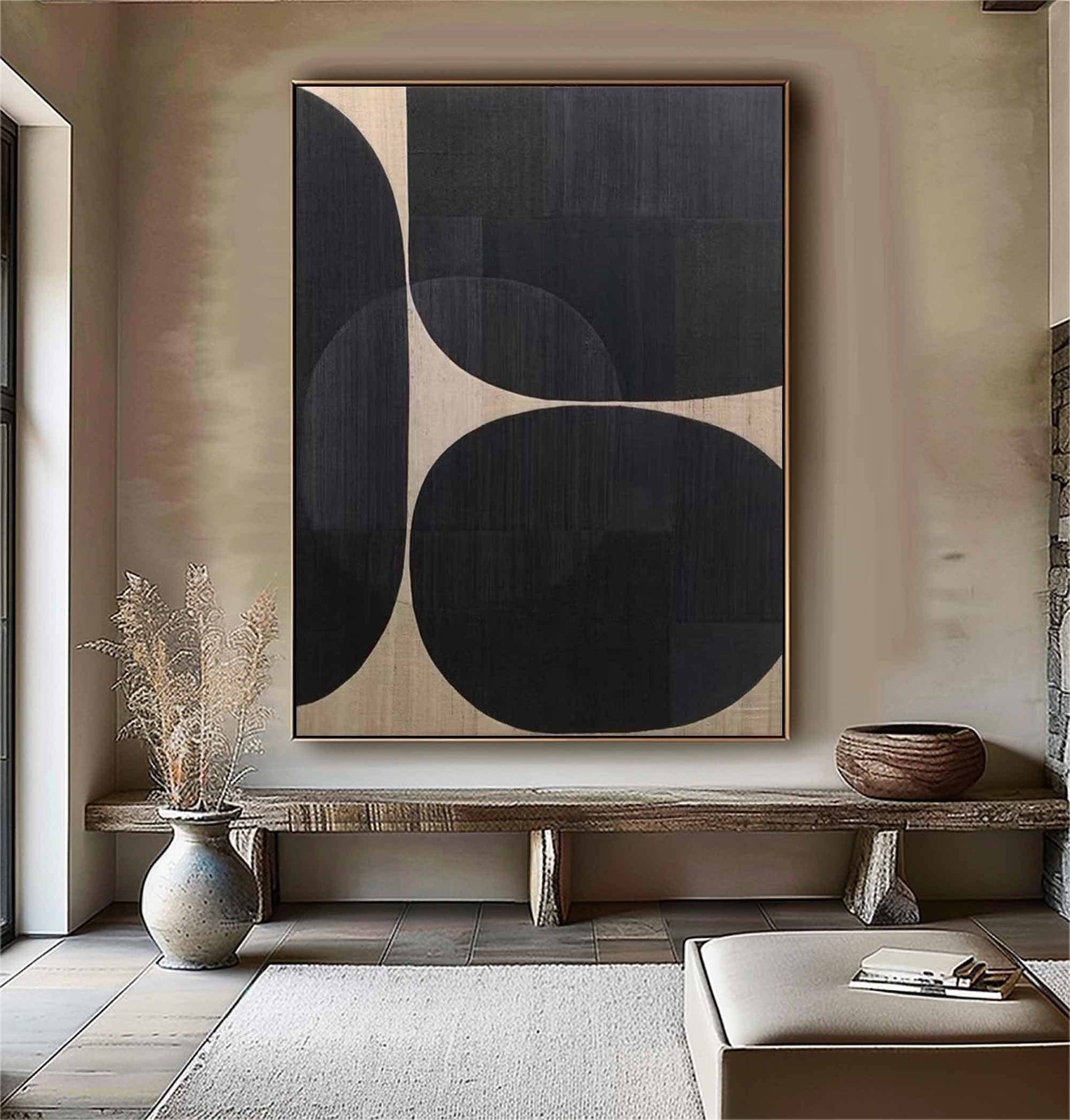 Black Abstract Painting on Canvas – Minimalist Wabi-Sabi Wall Art