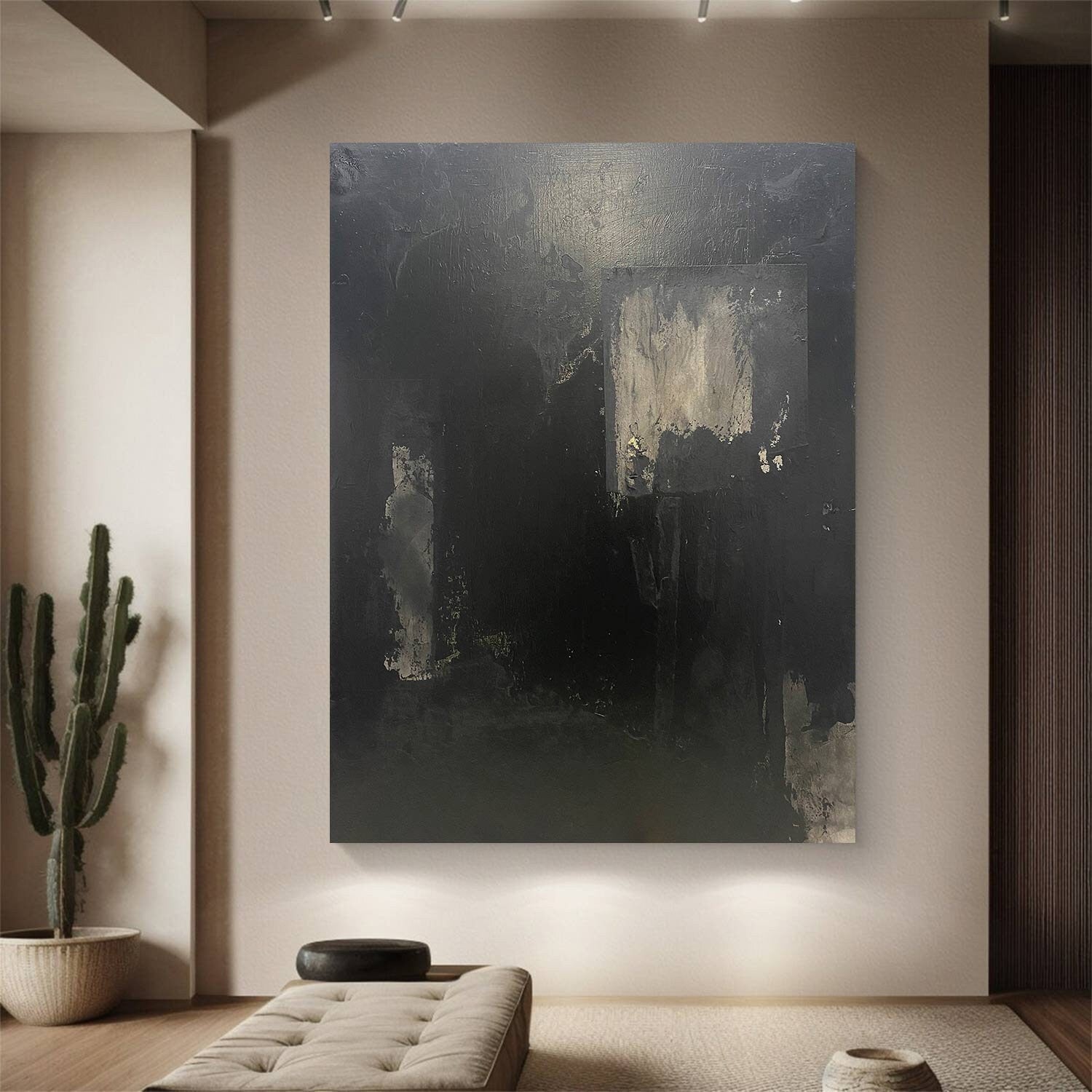 Large Black Abstract Painting – Textured Wabi-Sabi Wall Art