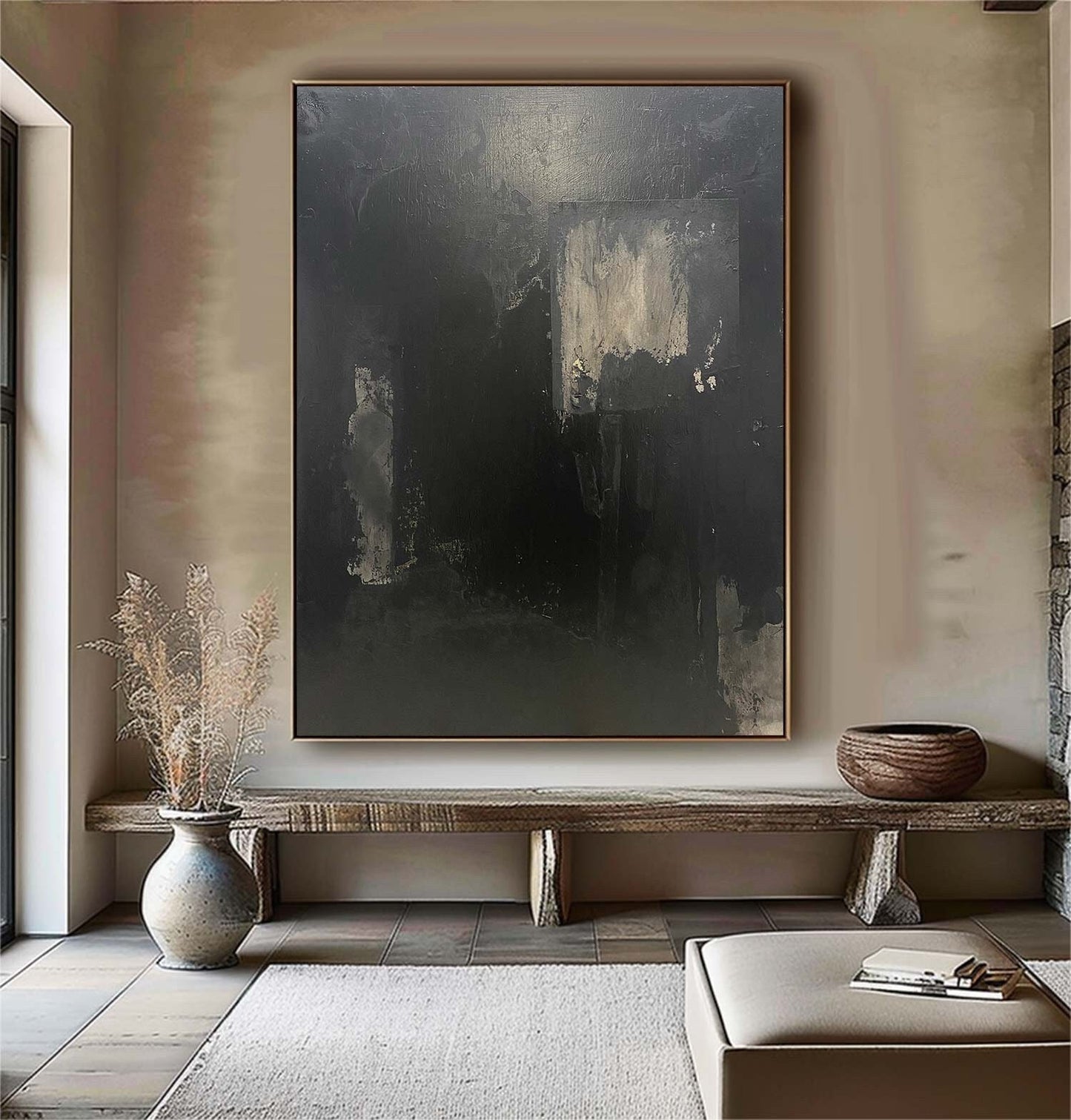 Large Black Abstract Painting – Textured Wabi-Sabi Wall Art