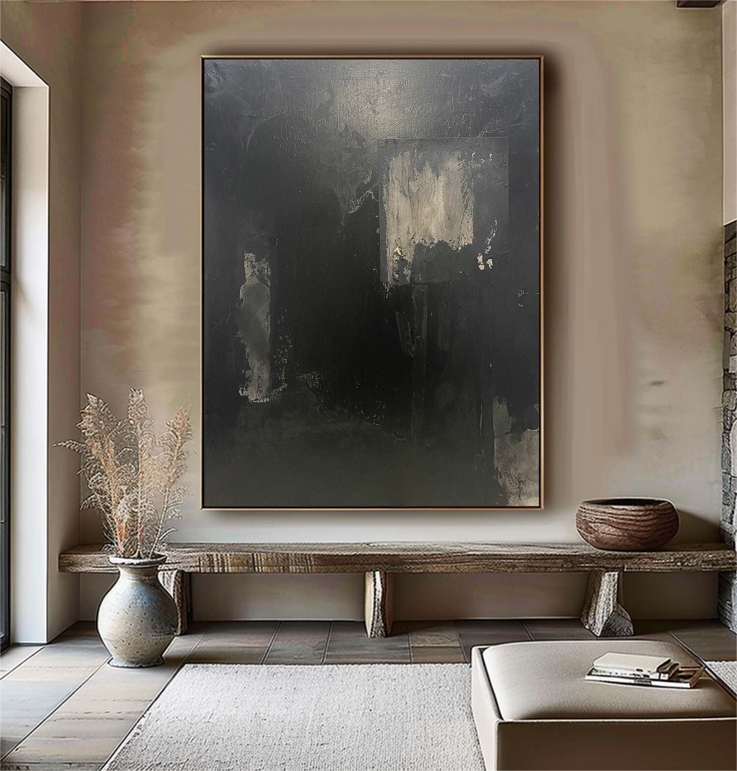 Large Black Abstract Painting – Textured Wabi-Sabi Wall Art