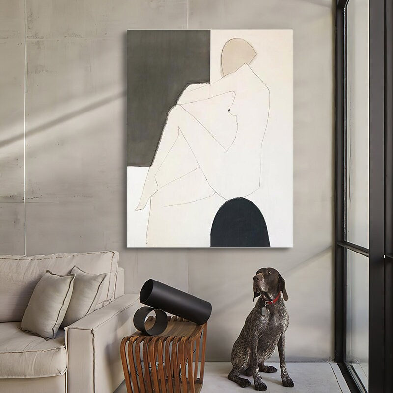 May include: Abstract painting of a nude figure sitting on a black circle. The figure is outlined in black and white, with a light brown background.