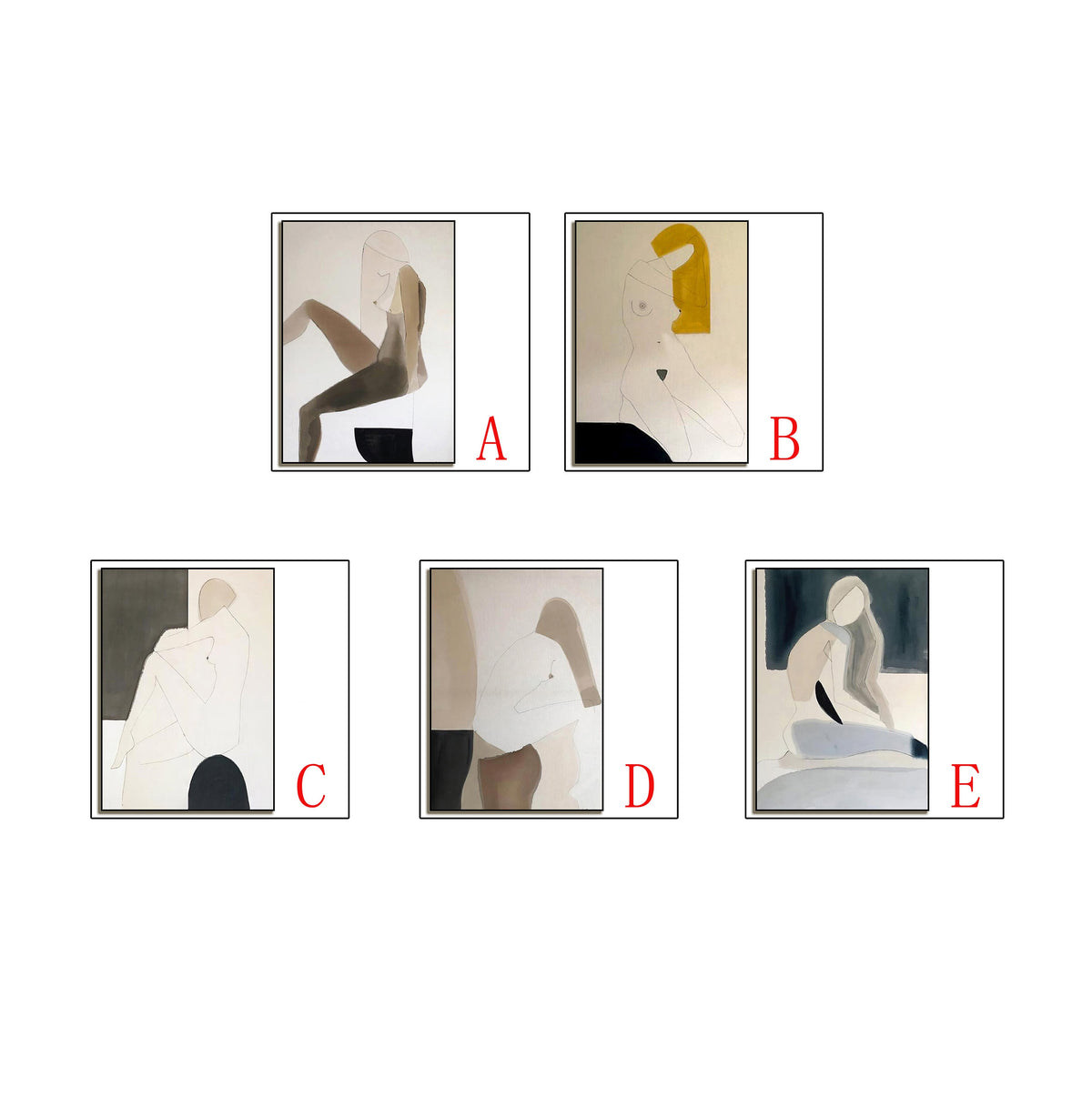 May include: Five abstract paintings of figures in various poses. The paintings are in a minimalist style with muted colors and simple lines. The figures are all nude and are depicted in a variety of poses. The paintings are all framed and are hanging on a white wall.