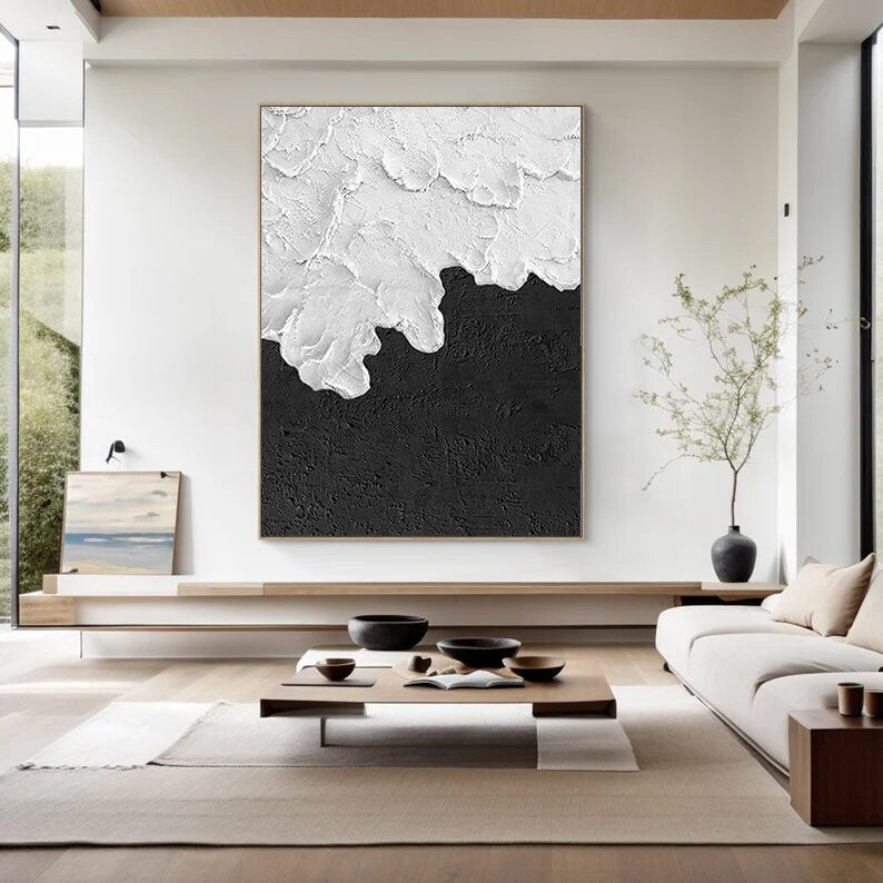 Textured Black and White Abstract Painting – Modern Minimalist Wall Art