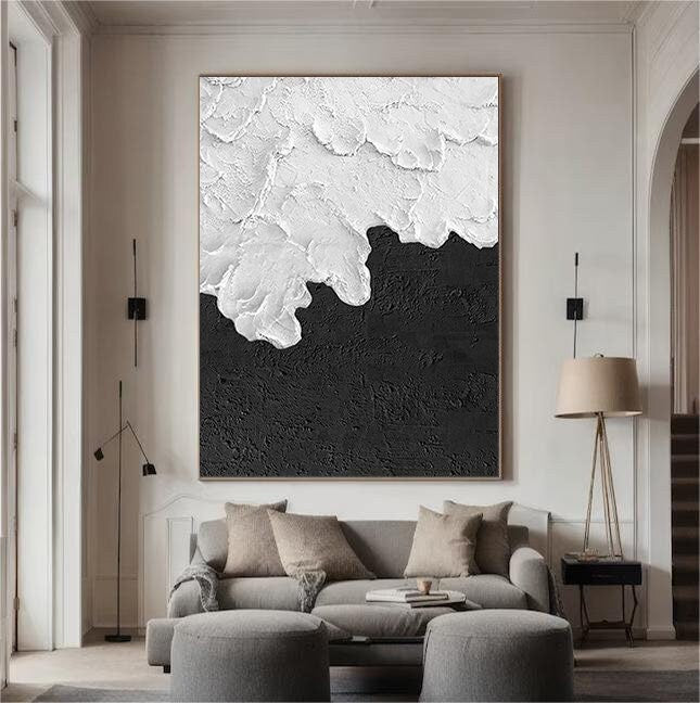 Textured Black and White Abstract Painting – Modern Minimalist Wall Art