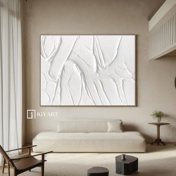 Large White Textured Painting – Minimalist Abstract Plaster Art – Abstract Painting