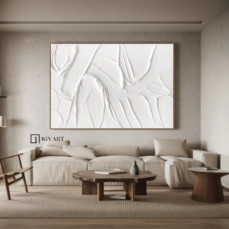 Large White Textured Painting – Minimalist Abstract Plaster Art – Abstract Painting
