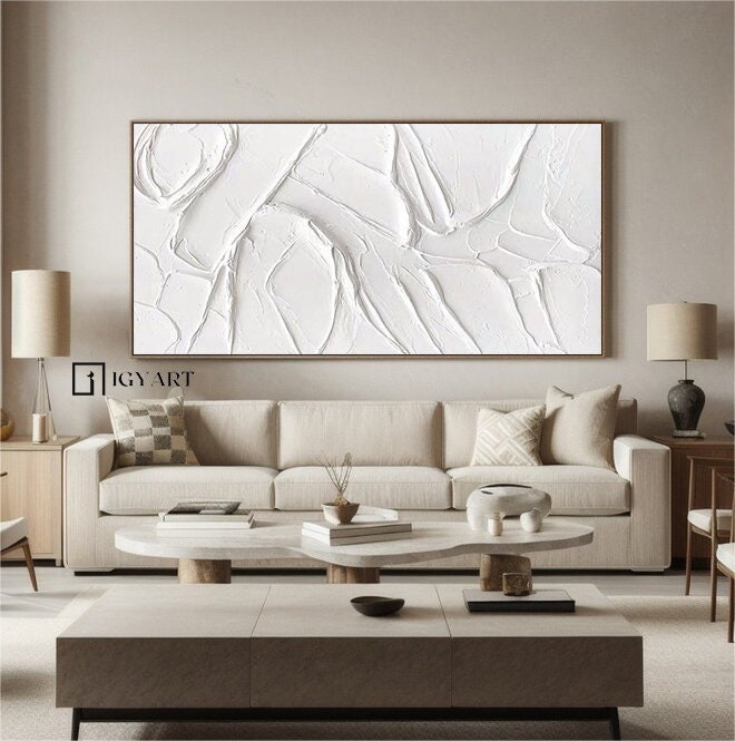 Large White Textured Painting – Minimalist Abstract Plaster Art – Abstract Painting