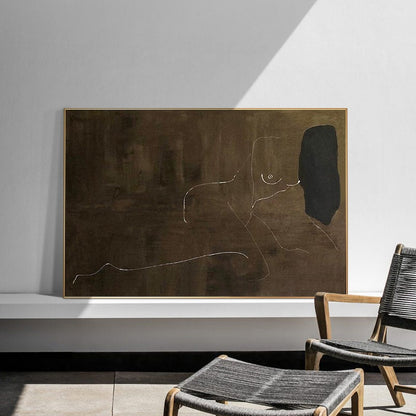 May include: Abstract line drawing of a nude figure in white on a brown background with a black shape in the upper right corner. The artwork is framed in a thin gold frame.