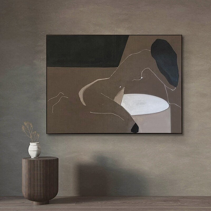 May include: Abstract painting of a person in a bathtub, with brown, black, and white colors.
