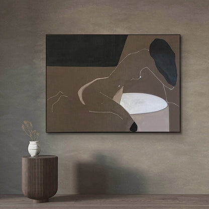 May include: Abstract painting of a person in a bathtub, with brown, black, and white colors.