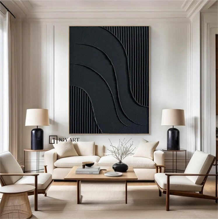 Black Textured Abstract Painting – Framed 3D Wall Decor