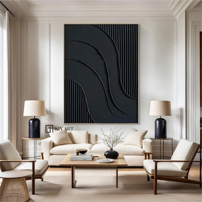 Black Textured Abstract Painting – Framed 3D Wall Decor