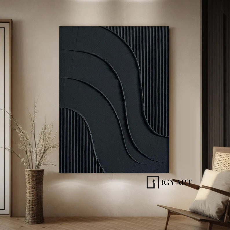 Black Textured Abstract Painting – Framed 3D Wall Decor