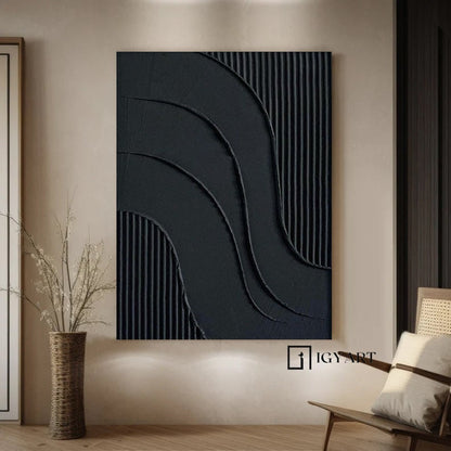 Black Textured Abstract Painting – Framed 3D Wall Decor