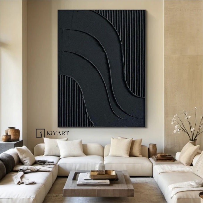 Black Textured Abstract Painting – Framed 3D Wall Decor