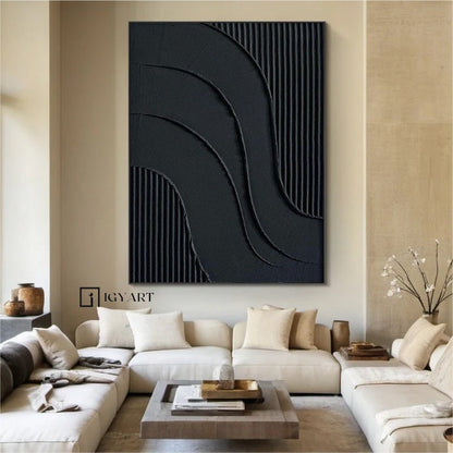 Black Textured Abstract Painting – Framed 3D Wall Decor