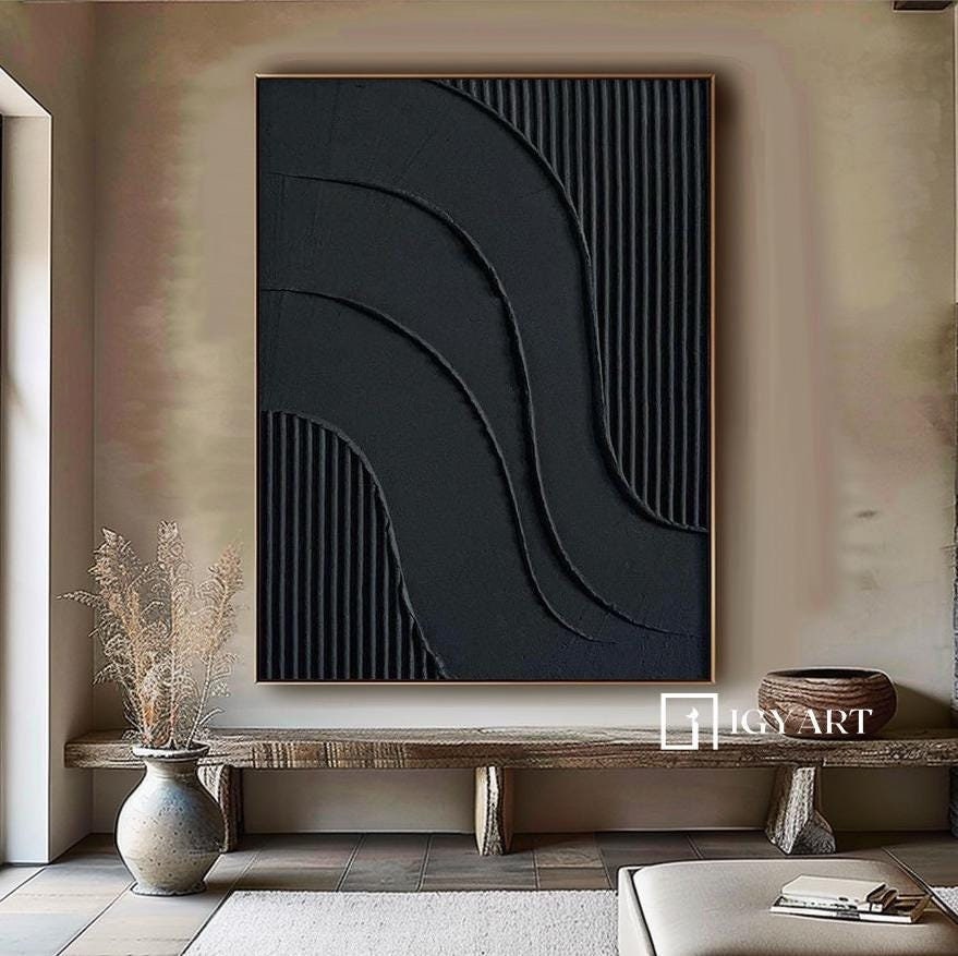 Black Textured Abstract Painting – Framed 3D Wall Decor