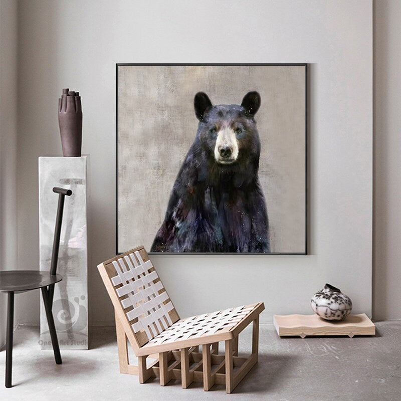 Large Abstract Black Bear Canvas Wall Art, Original Hand-painted Bear Oil Painting on Canvas, Modern Animal Painting for Living Room Bedroom