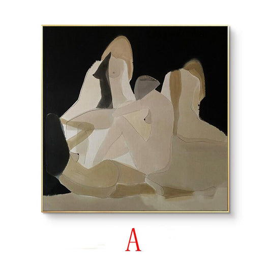 May include: Abstract painting of four figures in shades of beige and brown against a black background. The figures are partially overlapping and appear to be in a seated or reclining position.