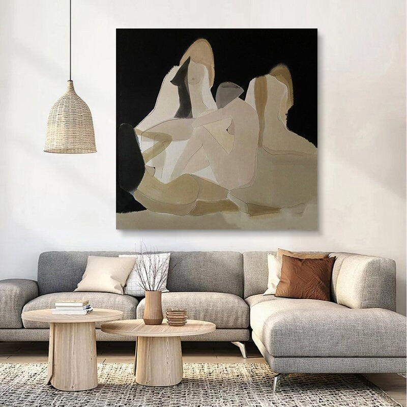 May include: Abstract painting of three figures in shades of beige, brown, and black on a dark background.