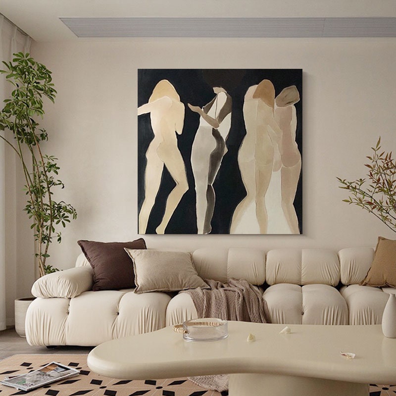 May include: A painting of four figures in a minimalist style. The figures are nude and are painted in shades of brown and beige against a black background.