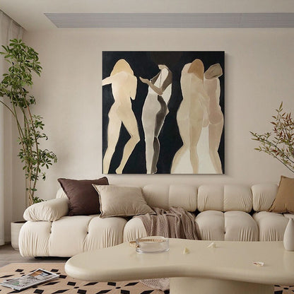 May include: A painting of four figures in a minimalist style. The figures are nude and are painted in shades of brown and beige against a black background.