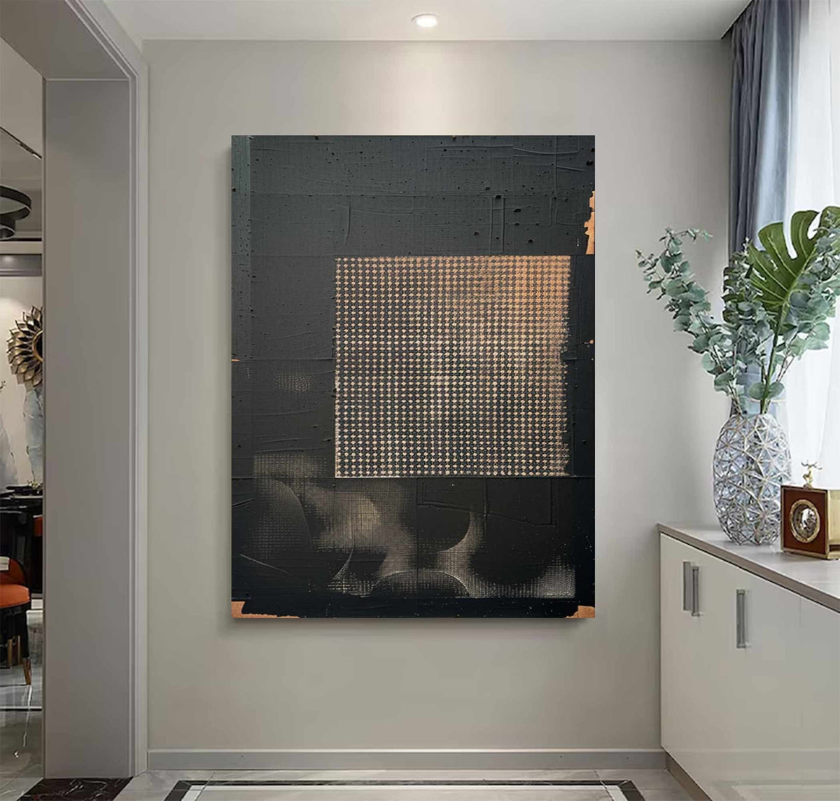 Black Gold Wabi Sabi Wall Art Grid Texture Canvas Painting for Office Decor