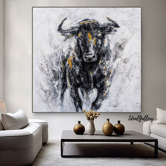 Abstract Bull Painting on Canvas – Black & Gold Textured Wall Art – Abstract Painting