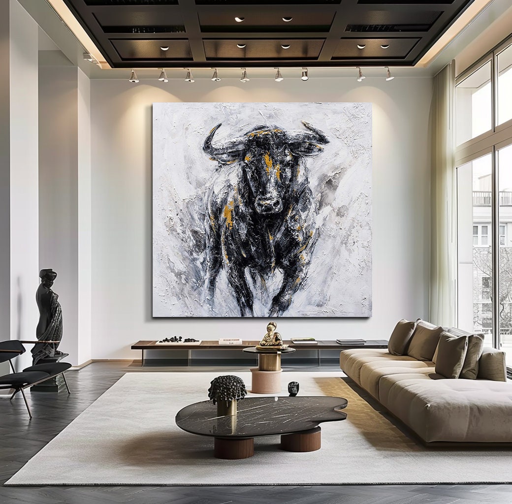 Abstract Bull Painting on Canvas – Black & Gold Textured Wall Art – Abstract Painting