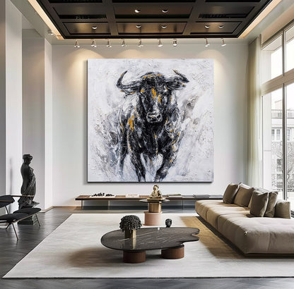 Abstract Bull Painting on Canvas – Black & Gold Textured Wall Art – Abstract Painting
