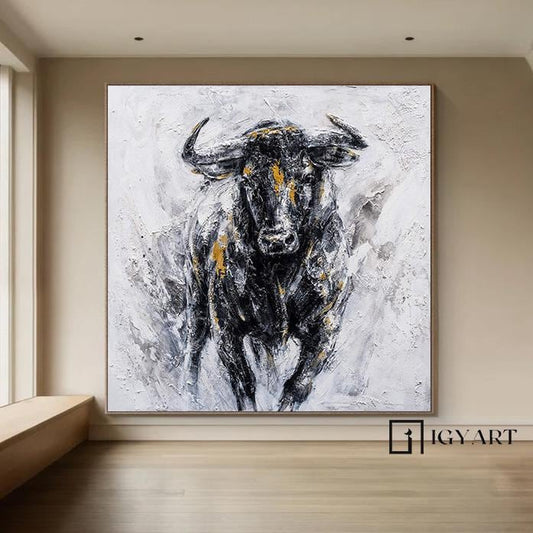 Abstract Bull Painting on Canvas – Black & Gold Textured Wall Art – Abstract Painting