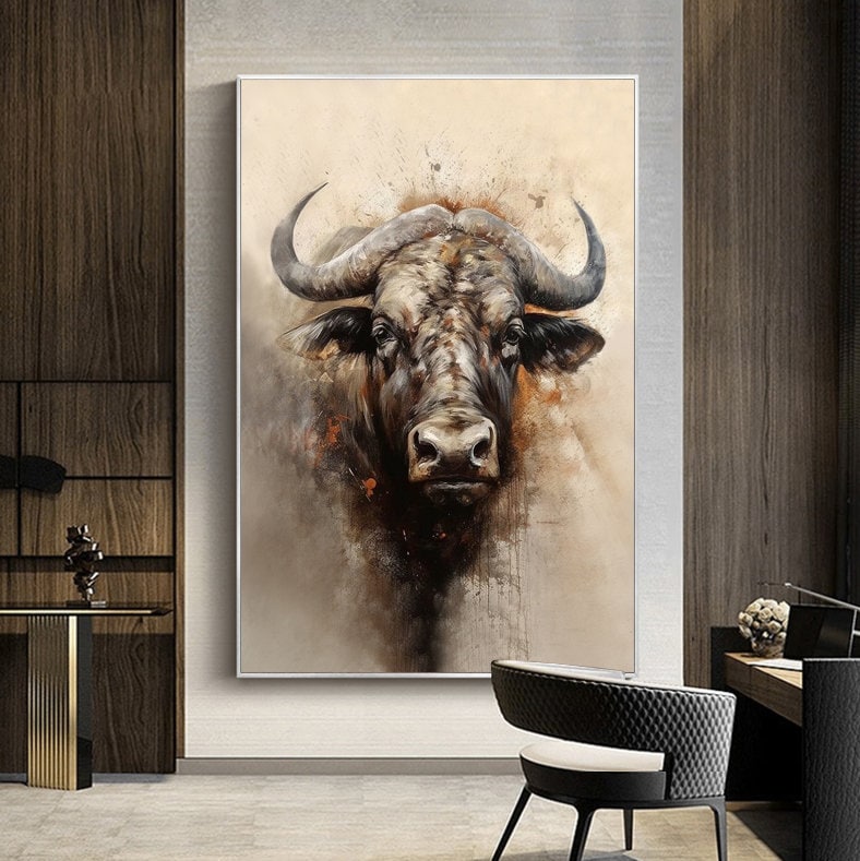 Large Classical Bull Oil Painting on Canvas, Original Hand-painted Bull Canvas Wall Art, Modern Animal Wall Art for Living Room, Home Decor