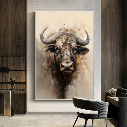 Large Classical Bull Oil Painting on Canvas, Original Hand-painted Bull Canvas Wall Art, Modern Animal Wall Art for Living Room, Home Decor