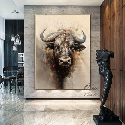 Large Classical Bull Oil Painting on Canvas, Original Hand-painted Bull Canvas Wall Art, Modern Animal Wall Art for Living Room, Home Decor