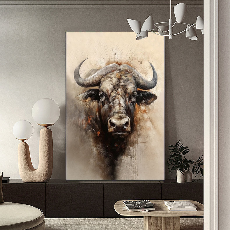 Large Classical Bull Oil Painting on Canvas, Original Hand-painted Bull Canvas Wall Art, Modern Animal Wall Art for Living Room, Home Decor