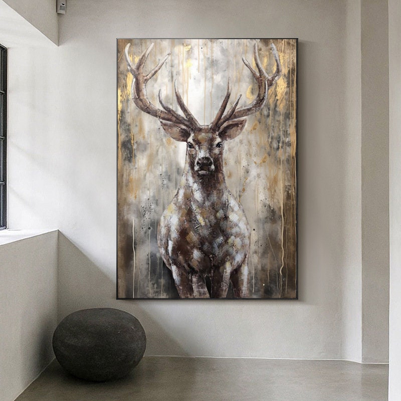 Large Abstract Deer Oil Painting on Canvas, Original Hand-painted Stag Canvas Wall Art, Modern Animal Painting for Living Room, Home Decor