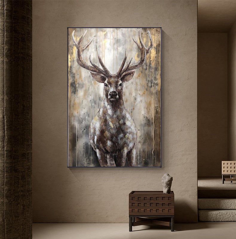 Large Abstract Deer Oil Painting on Canvas, Original Hand-painted Stag Canvas Wall Art, Modern Animal Painting for Living Room, Home Decor