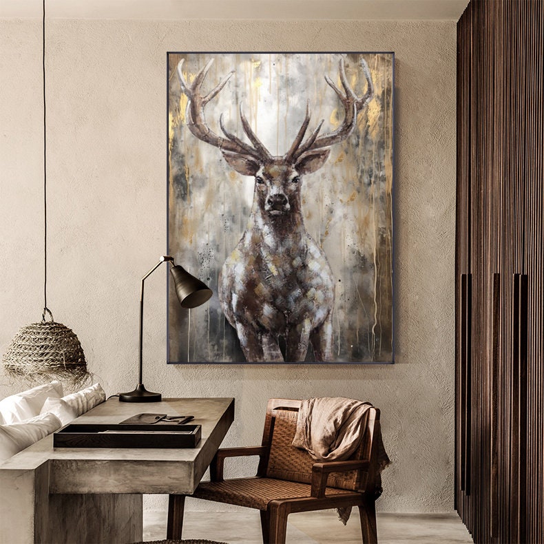 Large Abstract Deer Oil Painting on Canvas, Original Hand-painted Stag Canvas Wall Art, Modern Animal Painting for Living Room, Home Decor