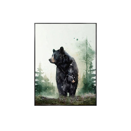May include: A watercolor painting of a black bear and a cub standing in a forest. The bears are surrounded by green trees and a misty background.
