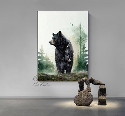 May include: Watercolor painting of a black bear and her cub standing in a forest. The painting has a soft, dreamy feel, with a green and white color palette.