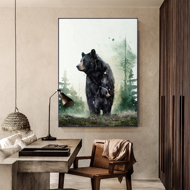 May include: Watercolor painting of a black bear and her cub standing in a forest. The bears are surrounded by green trees and foliage. The painting has a soft, dreamy feel.
