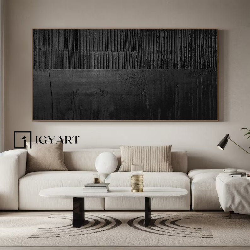 Large Black 3D Textured Abstract Painting – Minimalist Wall Art