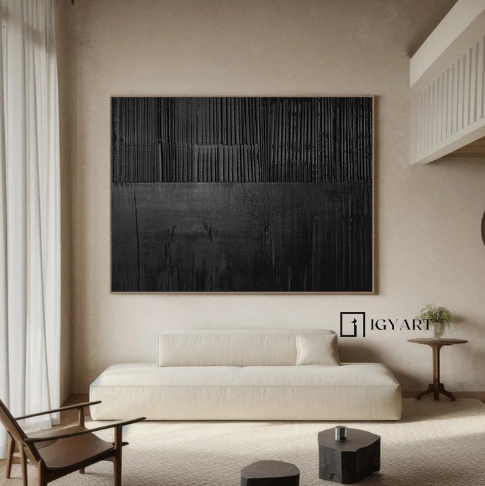 Large Black 3D Textured Abstract Painting – Minimalist Wall Art