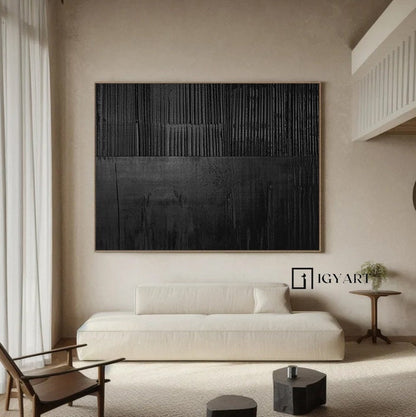 Large Black 3D Textured Abstract Painting – Minimalist Wall Art