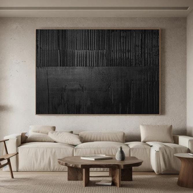 Large Black 3D Textured Abstract Painting – Minimalist Wall Art