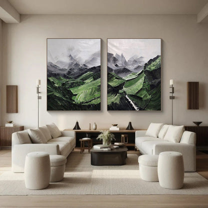 Set of 2 Green Mountain Abstract Paintings – Wall Art
